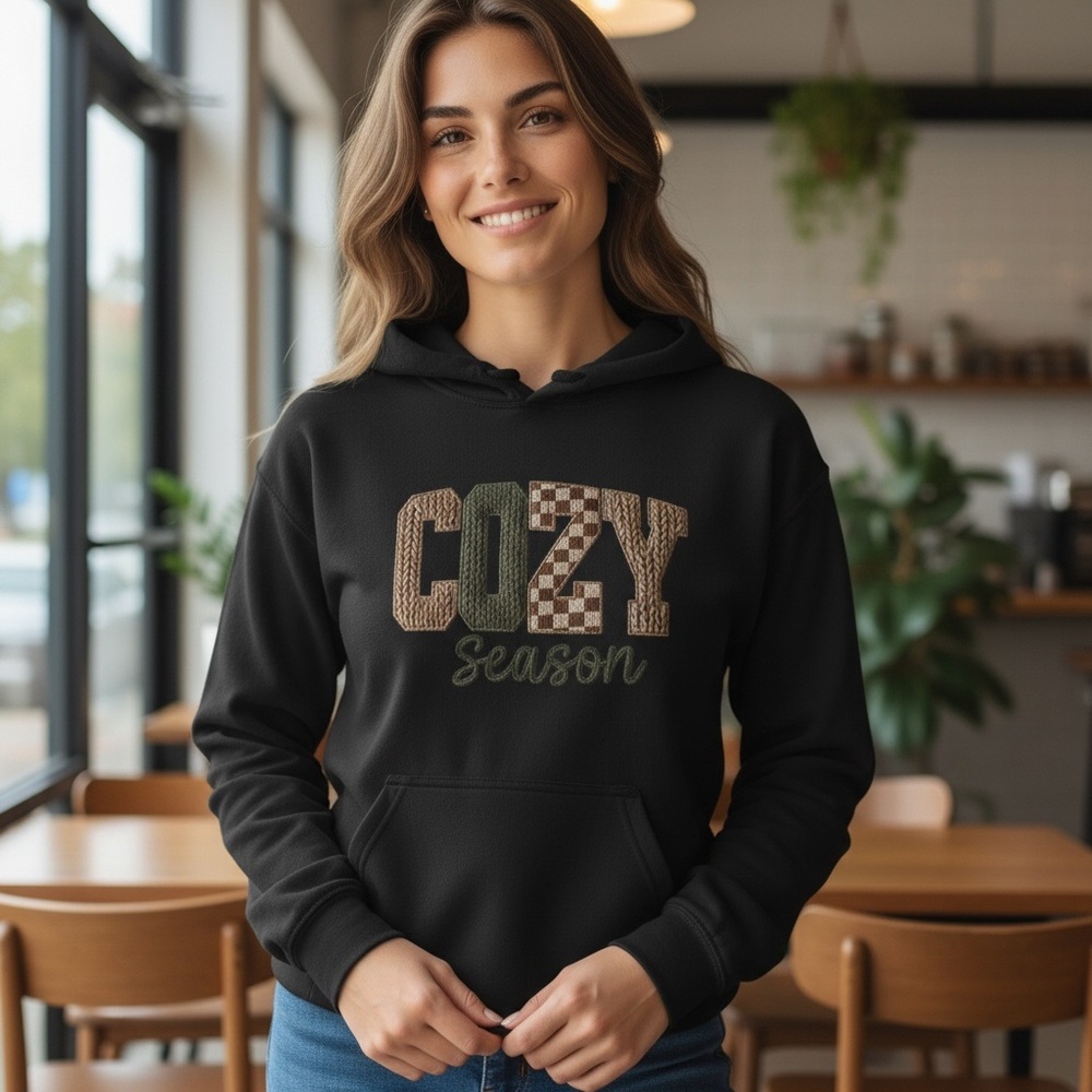 Cozy Season Graphic Hoodie – Black | Fall & Winter Pullover Sweatshirt